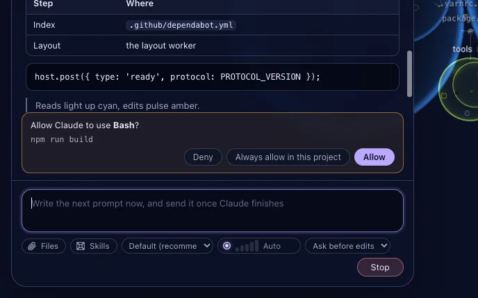 A conversation panel asking to allow Claude to run npm run build, with Deny, Always allow and Allow buttons